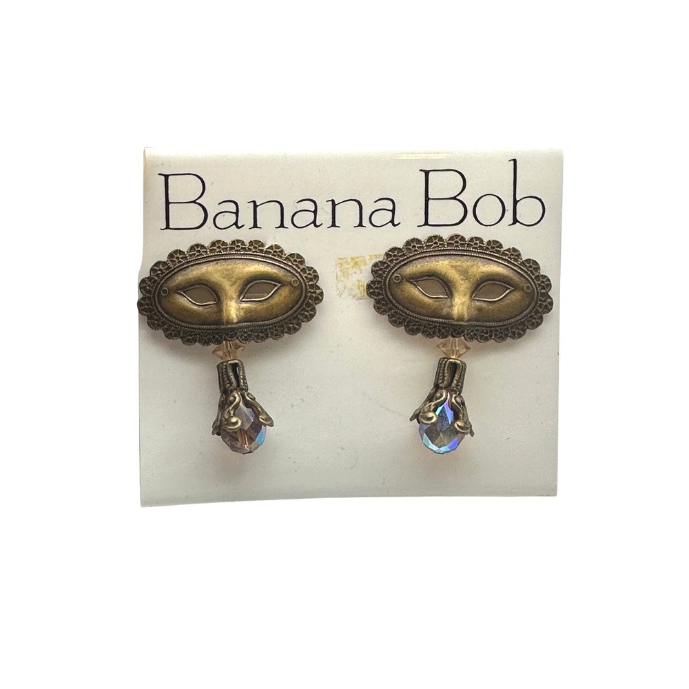 Vintage Banana Bob Masquerade Mask Drop Earrings Antique Brass Crystal Venetian